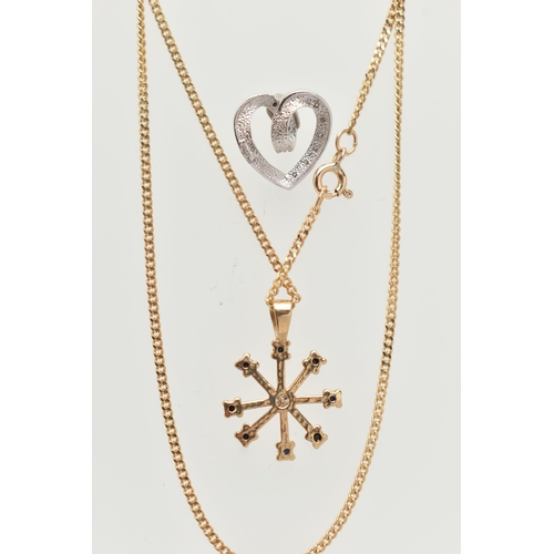 69 - TWO PENDANTS AND A CHAIN, to include a 9ct white gold open heart pendant set with single cut diamond... 