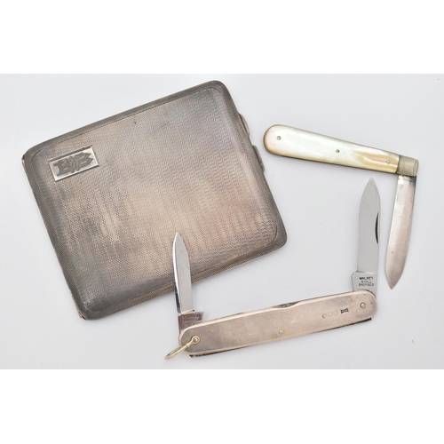 75 - A SILVER CIGARETTE CASE AND TWO FRUIT KNIVES, rectangular case with engine turned pattern and engrav... 