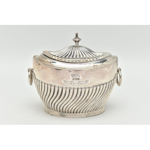78 - AN EDWARD VII SILVER SUGAR POT, of an oval form, stop reeded pattern, fitted with two ring handles, ... 