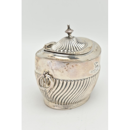 78 - AN EDWARD VII SILVER SUGAR POT, of an oval form, stop reeded pattern, fitted with two ring handles, ... 