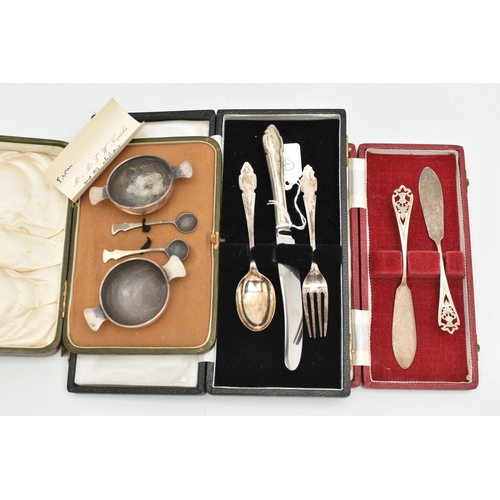 85 - ASSORTED CASED SILVER TABLEWARE, to include a cased pair of butter knives, open work thistle detail ... 