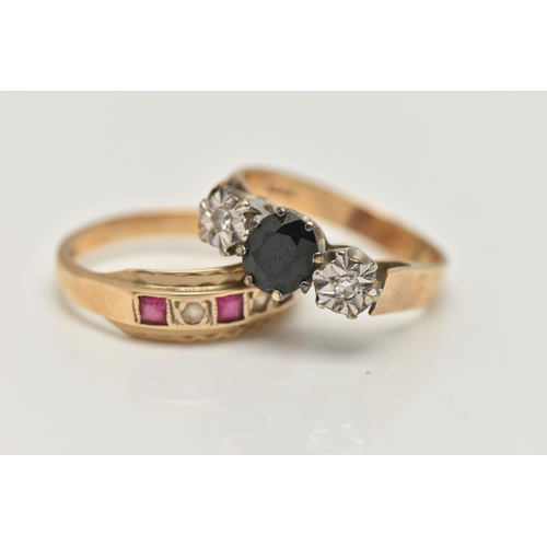 92 - TWO 9CT GOLD GEM SET RINGS, the first a diamond and sapphire three stone ring, prong set in white me... 