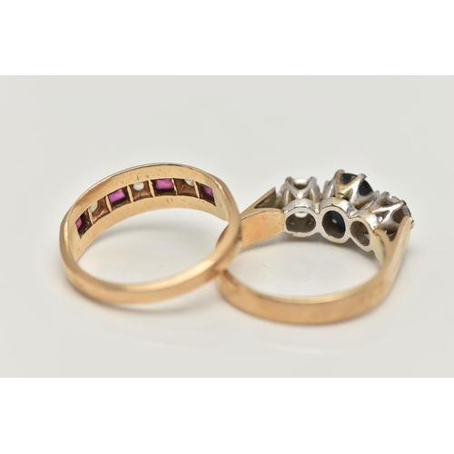 92 - TWO 9CT GOLD GEM SET RINGS, the first a diamond and sapphire three stone ring, prong set in white me... 