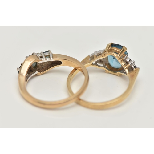 93 - TWO 9CT GOLD GEM SET RINGS, the first an oval cut blue topaz, flanked with six single cut diamonds, ... 