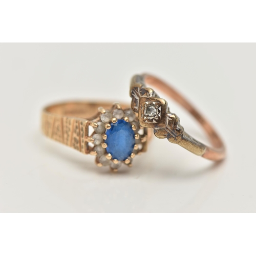 94 - TWO GEM SET RINGS, the first a blue and colourless spinel cluster, prong set in yellow gold, leading... 