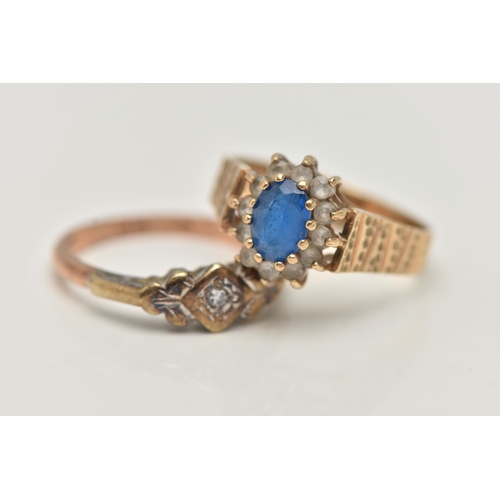 94 - TWO GEM SET RINGS, the first a blue and colourless spinel cluster, prong set in yellow gold, leading... 