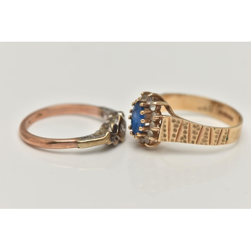 94 - TWO GEM SET RINGS, the first a blue and colourless spinel cluster, prong set in yellow gold, leading... 