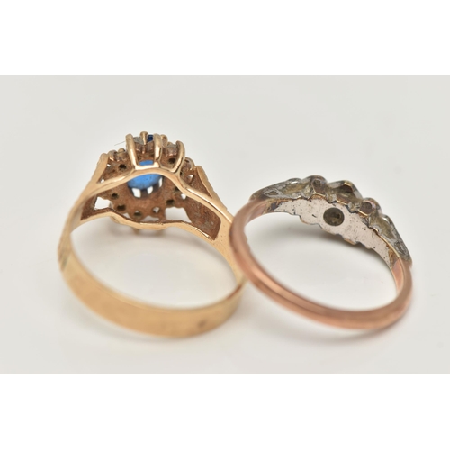 94 - TWO GEM SET RINGS, the first a blue and colourless spinel cluster, prong set in yellow gold, leading... 