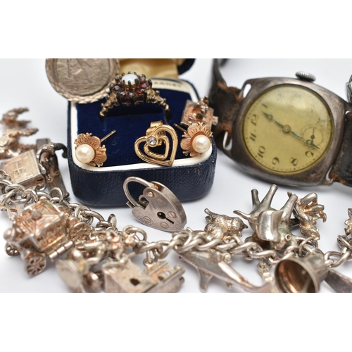 95 - A SMALL ASSORTMENT OF JEWELLERY, to include a pair of yellow metal and cultured pearl earrings, unma... 