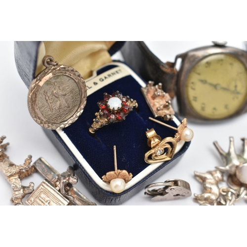 95 - A SMALL ASSORTMENT OF JEWELLERY, to include a pair of yellow metal and cultured pearl earrings, unma... 