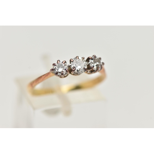 96 - A THREE STONE DIAMOND RING, a centrally set old cut diamond, prong set in white metal with two round... 