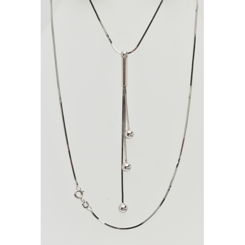 99 - A 9CT WHITE GOLD LARIAT STYLE NECKLACE, fine box chain leading on to a tassel style drop pendant, ea... 