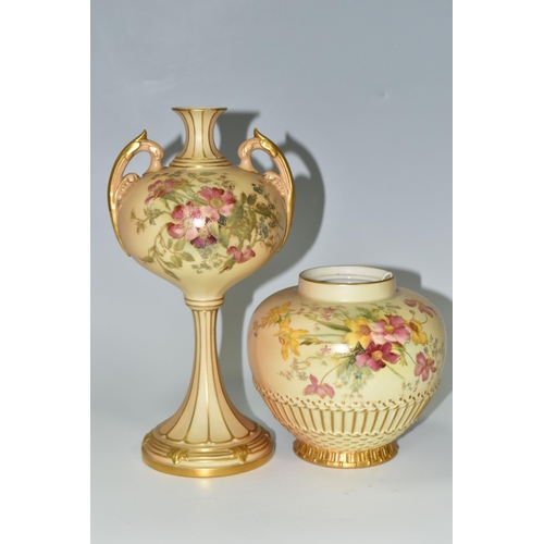 321 - TWO PIECES OF ROYAL WORCESTER BLUSH IVORY, comprising a stemmed vase, shape 2303 of baluster form on... 