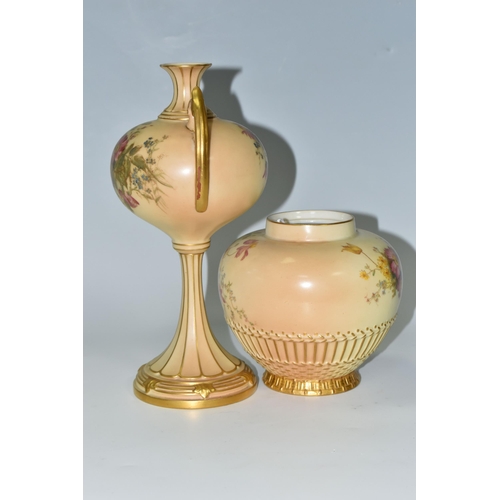 321 - TWO PIECES OF ROYAL WORCESTER BLUSH IVORY, comprising a stemmed vase, shape 2303 of baluster form on... 