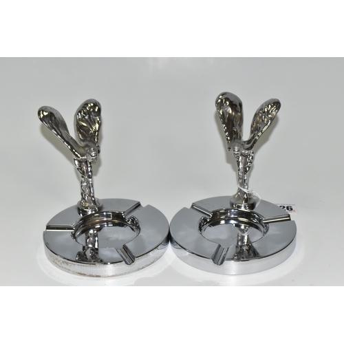 326 - TWO CHROME DESK ASHTRAYS WITH MOUNTED ROLLS ROYCE 'SPIRIT OF ECSTACY' MASCOT, diameter 12.5cm, heigh... 