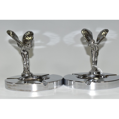 326 - TWO CHROME DESK ASHTRAYS WITH MOUNTED ROLLS ROYCE 'SPIRIT OF ECSTACY' MASCOT, diameter 12.5cm, heigh... 