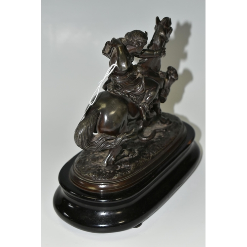 353 - A BRONZED SPELTER FIGURE OF A YOUNG WOMAN ON HORSEBACK, defending herself from a tiger attack, suppo... 