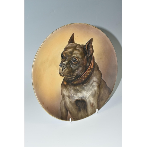 357 - A NORITAKE WALL PLATE, decorated with a raised hand painted design of a bulldog, green back stamp R.... 