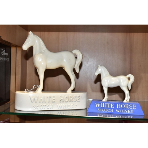 368 - TWO WHITE HORSE SCOTCH WHISKY ADVERTISING FIGURES, comprising a white ceramic Kelsboro Ware white ho... 