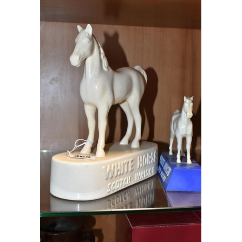 368 - TWO WHITE HORSE SCOTCH WHISKY ADVERTISING FIGURES, comprising a white ceramic Kelsboro Ware white ho... 