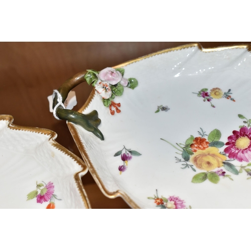 375 - TWO ROYAL COPENHAGEN LEAF SHAPED DISHES, each hand painted with floral sprays, having naturalistic h... 