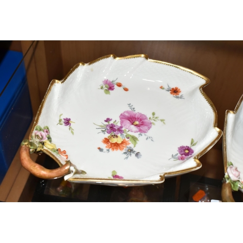 375 - TWO ROYAL COPENHAGEN LEAF SHAPED DISHES, each hand painted with floral sprays, having naturalistic h... 