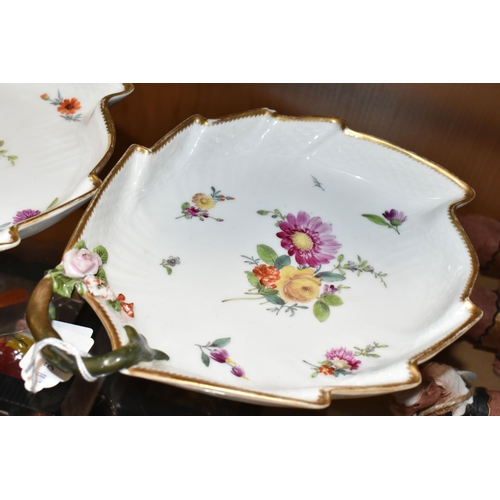 375 - TWO ROYAL COPENHAGEN LEAF SHAPED DISHES, each hand painted with floral sprays, having naturalistic h... 