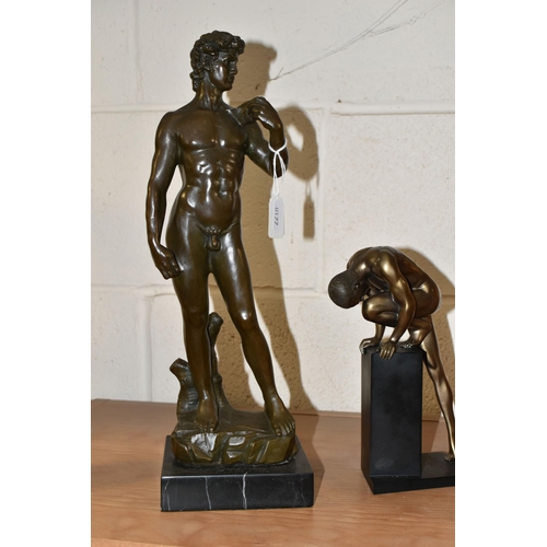 385 - A BRONZE FIGURE AND TWO OTHER FIGURES, comprising a bronze figure of David after Michelangelo, on a ... 