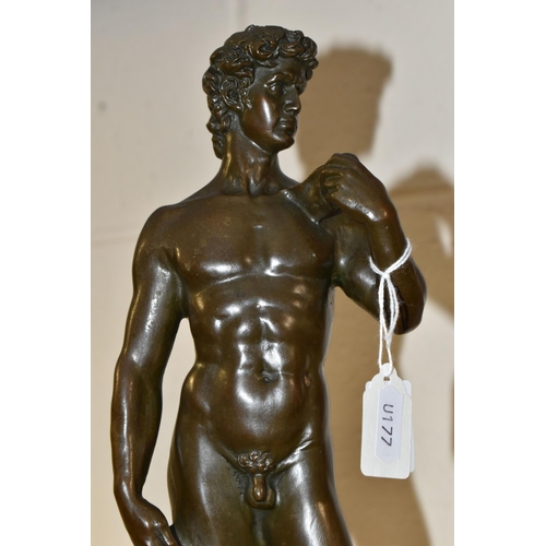 385 - A BRONZE FIGURE AND TWO OTHER FIGURES, comprising a bronze figure of David after Michelangelo, on a ... 