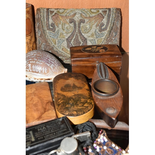 389 - A GROUP OF TREEN, METAL WARE AND MISCELLANEOUS ITEMS, to include an Asian lime paste container (or K... 