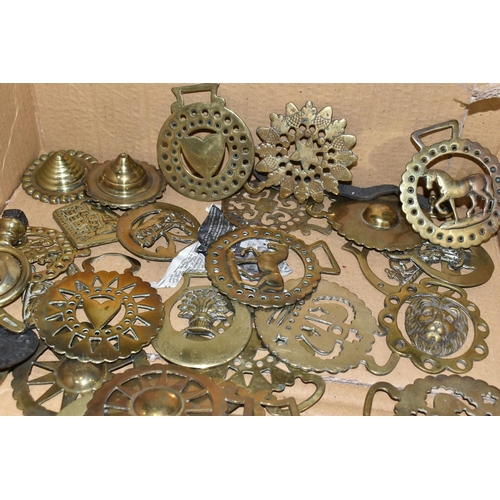 394 - TWO BOXES OF HORSE BRASSES AND SHIRE HORSE BELLS, to include a quantity of approximately ninety to o... 