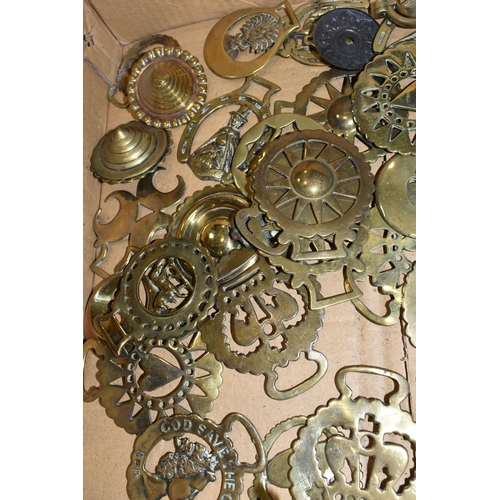 394 - TWO BOXES OF HORSE BRASSES AND SHIRE HORSE BELLS, to include a quantity of approximately ninety to o... 