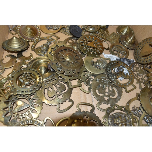 394 - TWO BOXES OF HORSE BRASSES AND SHIRE HORSE BELLS, to include a quantity of approximately ninety to o... 