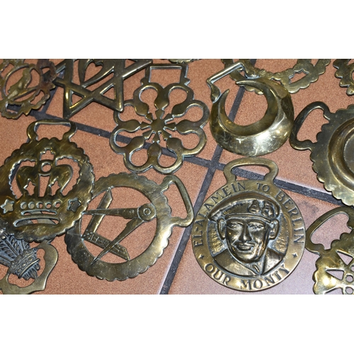 394 - TWO BOXES OF HORSE BRASSES AND SHIRE HORSE BELLS, to include a quantity of approximately ninety to o... 