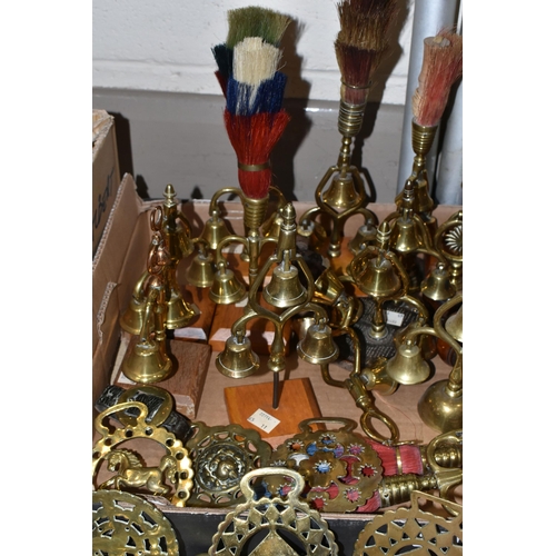 394 - TWO BOXES OF HORSE BRASSES AND SHIRE HORSE BELLS, to include a quantity of approximately ninety to o... 