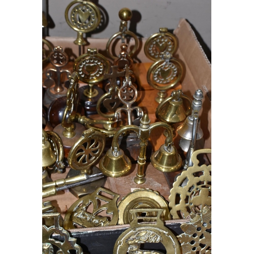 394 - TWO BOXES OF HORSE BRASSES AND SHIRE HORSE BELLS, to include a quantity of approximately ninety to o... 