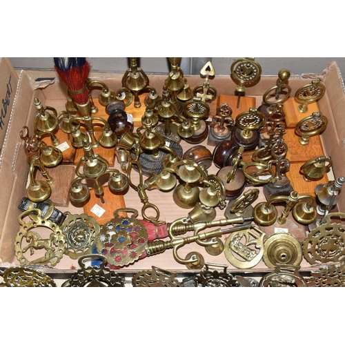 394 - TWO BOXES OF HORSE BRASSES AND SHIRE HORSE BELLS, to include a quantity of approximately ninety to o... 