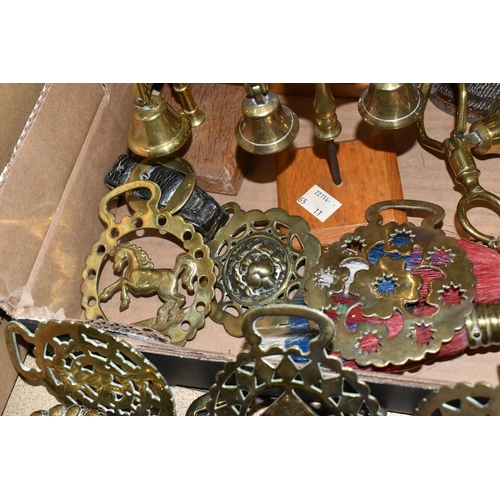 394 - TWO BOXES OF HORSE BRASSES AND SHIRE HORSE BELLS, to include a quantity of approximately ninety to o... 