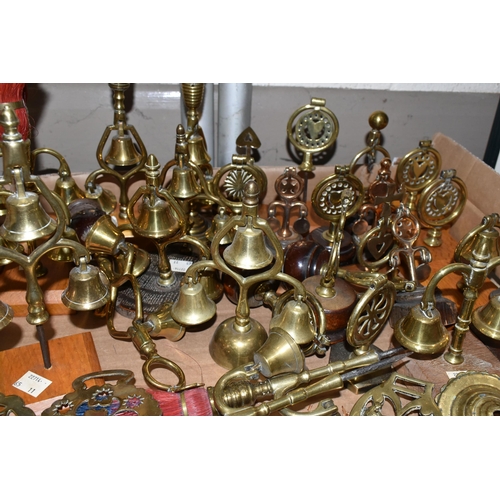 394 - TWO BOXES OF HORSE BRASSES AND SHIRE HORSE BELLS, to include a quantity of approximately ninety to o... 