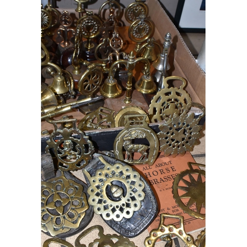 394 - TWO BOXES OF HORSE BRASSES AND SHIRE HORSE BELLS, to include a quantity of approximately ninety to o... 