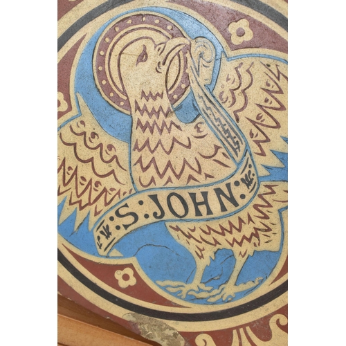 405 - TWO GODWIN'S CHURCH FLOOR TILES, one depicting the Lamb of God with other Christian symbols, the oth... 