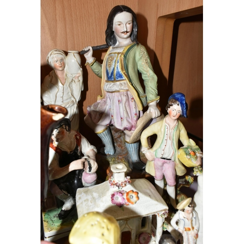 407 - A COLLECTION OF NINETEENTH CENTURY STAFFORDSHIRE AND SIMILAR FIGURES, to include a treacle glazed To... 