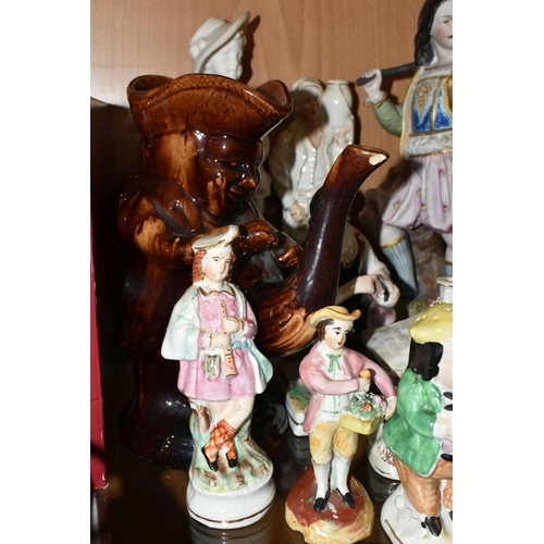 407 - A COLLECTION OF NINETEENTH CENTURY STAFFORDSHIRE AND SIMILAR FIGURES, to include a treacle glazed To... 