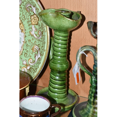 409 - A GROUP OF CERAMICS, to include a pair of green glazed candlesticks, height of tallest 24.5cm, a pai... 