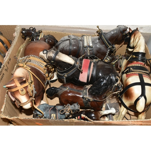 412 - TWO BOXES AND LOOSE CERAMIC HEAVY HORSE FIGURES, sixteen horses, most harnessed, tallest approximate... 