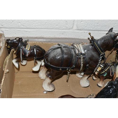 412 - TWO BOXES AND LOOSE CERAMIC HEAVY HORSE FIGURES, sixteen horses, most harnessed, tallest approximate... 