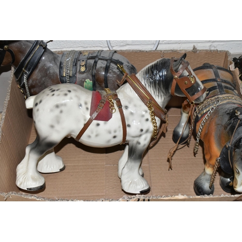 412 - TWO BOXES AND LOOSE CERAMIC HEAVY HORSE FIGURES, sixteen horses, most harnessed, tallest approximate... 