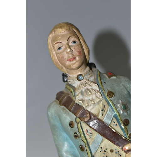 414 - TWO DRAMBUIE WHISKY ADVERTISING FIGURES, depicting Bonnie Prince Charlie, one ceramic and one chalkw... 