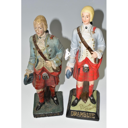 414 - TWO DRAMBUIE WHISKY ADVERTISING FIGURES, depicting Bonnie Prince Charlie, one ceramic and one chalkw... 