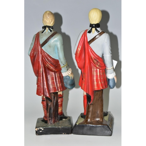 414 - TWO DRAMBUIE WHISKY ADVERTISING FIGURES, depicting Bonnie Prince Charlie, one ceramic and one chalkw... 